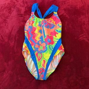 Vintage Backflips Neon Abstract Floral One Piece Swimsuit High Cut T-Back Pink L